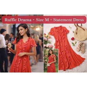 Unbranded Coral Flounce Dress M Pink Trim‎ Short Sleeves Side Zip Coquettecore